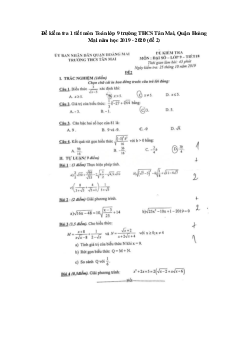 Đề kiểm tra 1 tiết môn Toán lớp 9 trường THCS Tân Mai, Quận Hoàng Mai năm học 2019 - 2020 (đề 2)