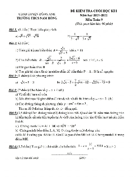 Đề kiểm tra cuối học kì 1 Toán 9 năm 2021 – 2022 trường THCS Nam Hồng – Hà Nội