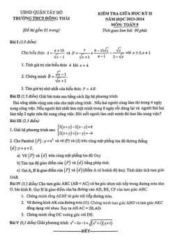 Đề thi giữa học kỳ 2 Toán 9 năm 2023 – 2024 trường THCS Đông Thái – Hà Nội