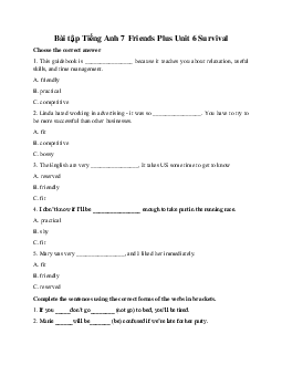 Bài tập Tiếng Anh 7 Friends Plus Unit 6 Survival