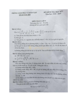 Đề thi học kì 1 lớp 9 môn Toán Phòng GD&ĐT quận Tây Hồ năm học 2018 - 2019