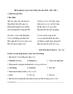 Đề thi giữa kì 1 lớp 5 môn Tiếng Việt năm 2020-2021 - Số 1