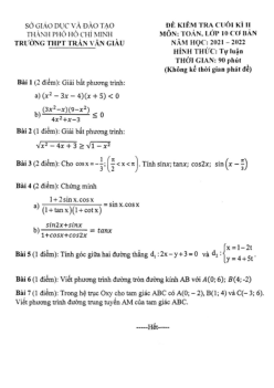 Đề kiểm tra cuối kỳ 2 Toán 10 năm 2021 – 2022 trường THPT Trần Văn Giàu – TP HCM