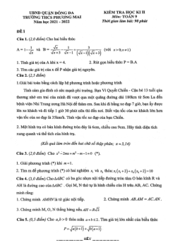 Đề thi học kì 2 Toán 9 năm 2021 – 2022 trường THCS Phương Mai – Hà Nội