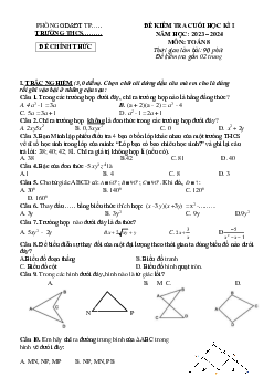 Đề thi học kì 1 môn Toán 8 năm 2023 - 2024 sách Cánh diều - Đề 1