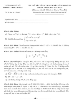 Đề thi thử vào 10 chuyên 2023 lần 1 Toán chuyên trường THPT chuyên ĐHSP Hà Nội