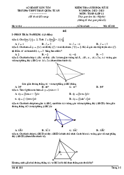 Đề cuối kỳ 2 Toán 11 năm 2022 – 2023 trường THPT Trần Quốc Tuấn – Kon Tum