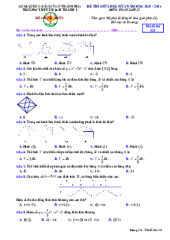 Đề giữa kỳ 1 Toán 12 năm 2023 – 2024 trường THPT Thạch Thành 1 – Thanh Hóa