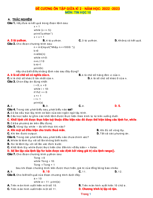 Đề cương ôn tập Tin 10 giữa học kỳ 2 năm 2022-2023 có đáp án