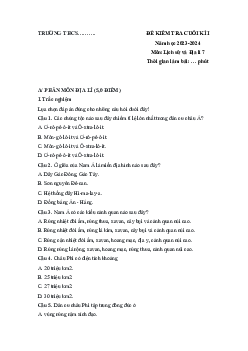 Đề thi học kì 1 môn Lịch sử - Địa lí 7 năm 2023 - 2024 sách Cánh diều - Đề 3