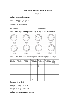Phiếu bài tập cuối tuần lớp 2 môn Toán Kết nối - Tuần 16 (nâng cao)
