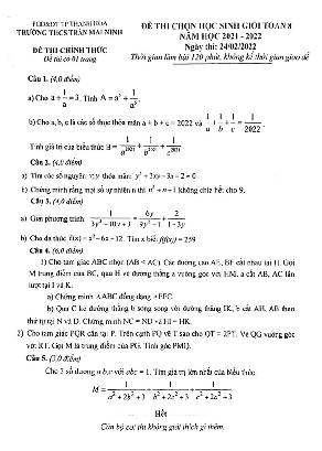 Đề thi học sinh giỏi Toán 8 năm 2021 – 2022 trường THCS Trần Mai Ninh – Thanh Hóa