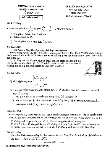 Đề thi học kỳ 2 Toán 9 năm 2020 – 2021 trường chuyên Hà Nội – Amsterdam