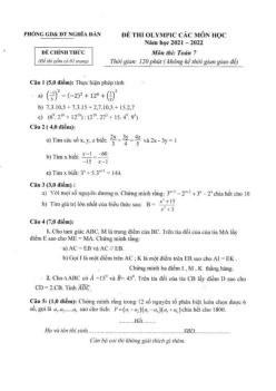 Đề thi Olympic Toán 7 năm 2021 – 2022 phòng GD&ĐT Nghĩa Đàn – Nghệ An