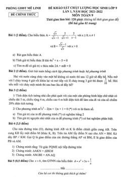Đề KSCL Toán 9 lần 1 năm 2021 – 2022 phòng GD&ĐT Mê Linh – Hà Nội