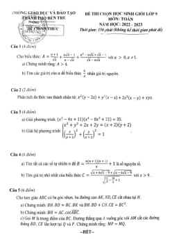 Đề thi chọn học sinh giỏi Toán 9 năm 2022 – 2023 phòng GD&ĐT Bến Tre