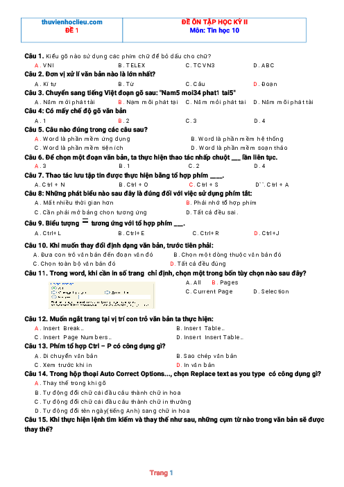 Bộ đề ôn thi học kỳ 2 môn Tin 10