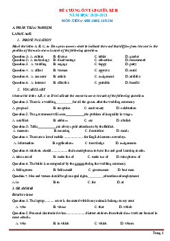 Đề cương ôn tập môn Tiếng Anh 10 giữa học kỳ 2 năm học 2020-2021