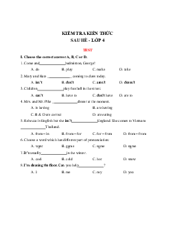 Bài kiểm tra kiến thức sau hè môn tiếng Anh lớp 4 - Có đáp án