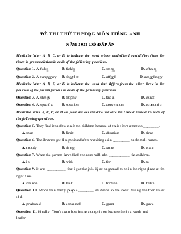Đề thi thử THPT năm 2021 môn Tiếng Anh trường THPT Bỉm Sơn lần 2 (có đáp án)