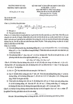 Đề thi thử vào 10 chuyên môn Toán (chung) năm 2024 lần 2 trường chuyên ĐHSP Hà Nội