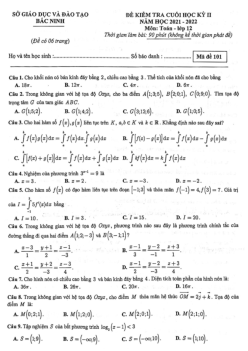 Đề kiểm tra cuối học kỳ 2 Toán 12 năm 2021 – 2022 sở GD&ĐT Bắc Ninh