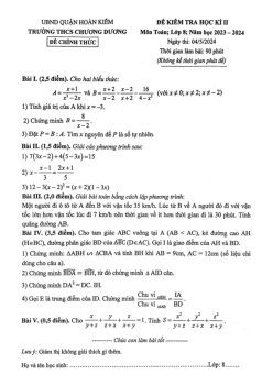 Đề thi học kì 2 Toán 8 năm 2023 – 2024 trường THCS Chương Dương – Hà Nội