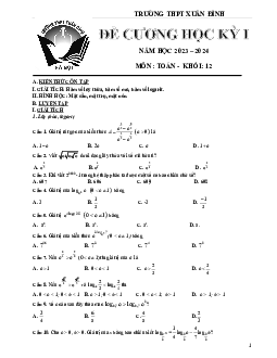 Đề cương học kỳ 1 Toán 12 năm 2023 – 2024 trường THPT Xuân Đỉnh – Hà Nội