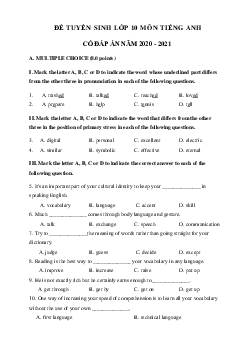 Đề thi tuyển sinh lớp 10 môn Anh số 10 năm 2020-2021