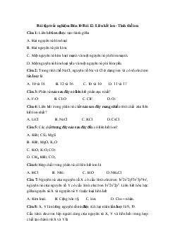 Trắc nghiệm Hóa học 10 bài 12: Liên kết ion - Tinh thể ion