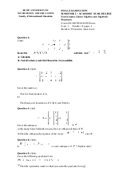Đề thi mẫu cuối kỳ môn Linear algebra and Algebraic structures | Đại học Sư phạm Kỹ thuật Thành phố Hồ Chí Minh