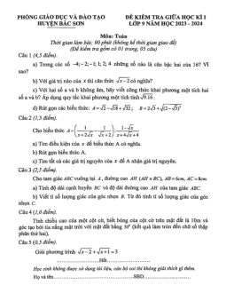 Đề giữa học kì 1 Toán 9 năm 2023 – 2024 phòng GD&ĐT Bắc Sơn – Lạng Sơn