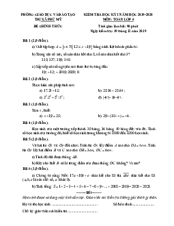 Đề thi học kì 1 Toán 6 năm 2019 – 2020 phòng GD&ĐT Phú Mỹ – BR VT