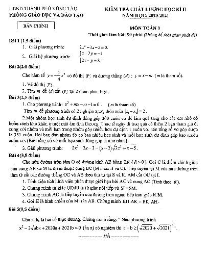 Đề thi học kỳ 2 Toán 9 năm 2020 – 2021 trường THCS Vũng Tàu – BR VT