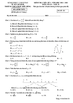 Đề cuối kỳ 1 Toán 12 năm 2022 – 2023 trường THCS-THPT Diên Hồng – TP HCM