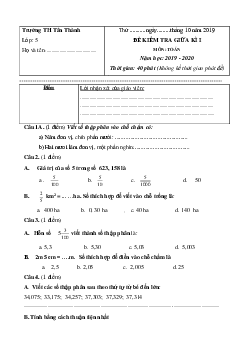 Đề thi giữa học kì 1 môn Toán lớp 5 trường Tiểu học Tân Thành năm học 2019 - 2020