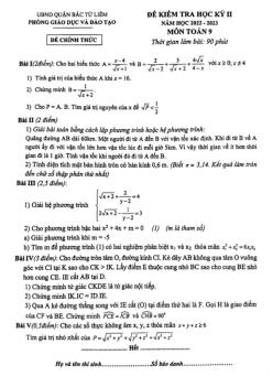 Đề học kỳ 2 Toán 9 năm 2022 – 2023 phòng GD&ĐT Bắc Từ Liêm – Hà Nội