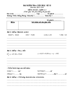 Đề thi học kì 2 lớp 5 môn Toán trường tiểu học Lê Hồng Phong năm 2015 - 2016