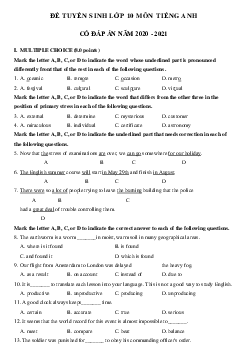 Đề thi tuyển sinh lớp 10 môn Anh số 14 năm 2020-2021