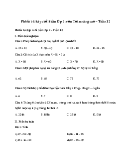 Phiếu bài tập cuối tuần lớp 2 môn Toán Kết nối - Tuần 12 (nâng cao)