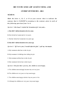 Đề thi tuyển sinh vào 10 Môn Tiếng Anh tỉnh Thừa Thiên Huế năm 2022