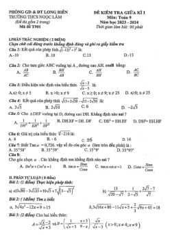 Đề giữa kì 1 Toán 9 năm 2023 – 2024 trường THCS Ngọc Lâm – Hà Nội