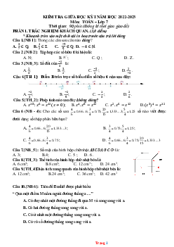 Đề thi giữa học kì 1 toán lớp 7 năm 2022-2023 -đề 2 (có đáp án)