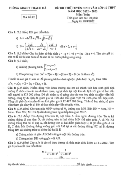 Đề thi thử Toán vào lớp 10 năm 2022 – 2023 phòng GD&ĐT Thạch Hà – Hà Tĩnh