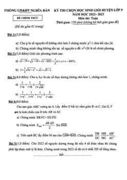Đề học sinh giỏi huyện Toán 9 năm 2022 – 2023 phòng GD&ĐT Nghĩa Đàn – Nghệ An
