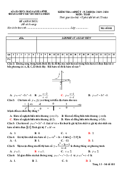 Kiểm tra Giải tích 12 chương 1 năm 2019 – 2020 trường Nguyễn Trung Thiên – Hà Tĩnh