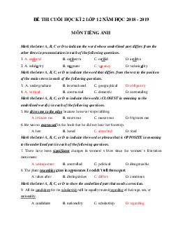 Đề thi học kì 2 lớp 12 môn Tiếng Anh năm học 2018 - 2019 số 3