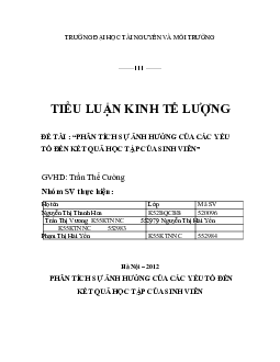 Tiểu luận: phân tích sự ảnh hưởng của các yếu tố đến kết quả học tập của sinh viên