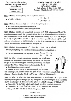 Đề cuối học kỳ 2 Toán 9 năm 2021 – 2022 trường THCS Nguyễn Du – TP HCM