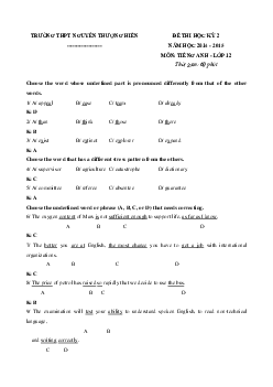 Đề thi học kỳ 2 môn Tiếng Anh lớp 12 trường THPT Nguyễn Thượng Hiền năm học 2014 - 2015